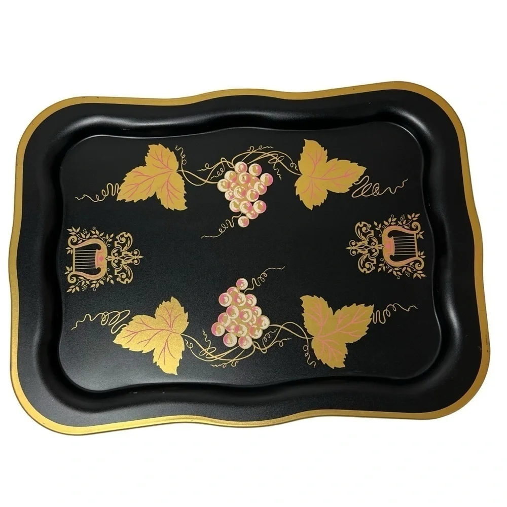 Vintage Trays set of 4 Large Black Floral Tole Metal Hand Painted Toleware Trays